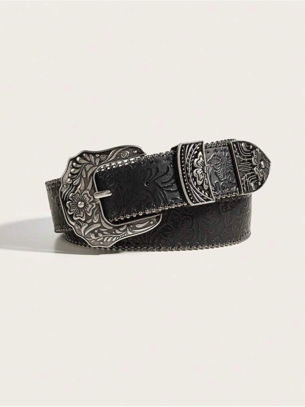 Western Floral Embossed Floral Belt with Ornate Silver Buckle - Black